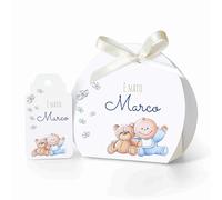 FERDINANDO FAMA' - 24+24 Pezzi | Scatolina Portaconfetti Personalizzata in cartoncino pregiato 24 scatoline + 24 Tag, nastrino Doppio Raso per Chiusura Incluso FBOXTAG1 (Bimbo1 Azzurro)