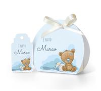 FERDINANDO FAMA' - 24+24 Pezzi | Scatolina Portaconfetti Personalizzata in cartoncino pregiato 24 scatoline + 24 Tag, nastrino Doppio Raso per Chiusura Incluso FBOXTAG1 (Orsetto Blu)