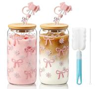 Ferenando 2 tazze da caffè freddo, 500 ml, tazze in vetro con coperchio e cannuccia, tazza Matcha carina, bicchiere in vetro con fiocco rosa con cannuccia e coperchio, per latte freddo, bolle, tè