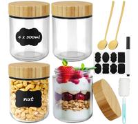 Ferenando 500ml Barattoli Vetro con Coperchio & Cucchiaio, 4 Pezzi Vasetti per Yogurt, Overnight Oats Jar con Coperchi Vite, Multifunzionali Barattoli Cucina per Insalata, Yogurt, Pudding, Marmellata