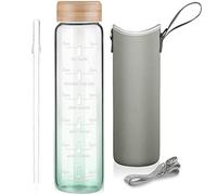 Ferexer Borraccia Vetro 1000 ml / 1 litro / 1l Bottiglia Acqua Vetro Motivazionale con Cannuccia e Indicatore e Protezione Verde sfumato