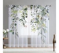 Fereyis Tende per soggiorno con foglie di eucalipto verde, lunghezza 160 cm, set di 2 pannelli, elegante tenda per finestra con stampa floreale primaverile naturale in chiffon trasparente per camera