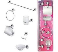 SET ACCESSORI BAGNO 6 PEZZI ACCIAIO CROMATO E VETRO SATINATO STILE MODERNO