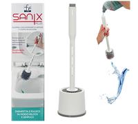 FERIDRAS Sanix Plus porta scopino e scopino bagno WC, distributore di sapone integrato nell'impugnatura, ricaricabile facilmente, spazzolone con setole in silicone antiaderente ad asciugatura rapida.