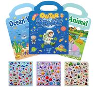 Ferizzia 3 Pezzi Libro di Adesivi 3D Riutilizzabili per Bambini, Set di Libri di Attività con Adesivi Gonfi, Set Stickers, Animali, Mondo Marino, Spazio, per Bambini 1-6 Ann, Regalo Compleanno
