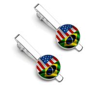 Fermacravatta a tema bandiera americana e bandiera brasiliana per uomo, fermacravatta rotondo e set di gemelli per accessori di abbigliamento di lusso, 2 pezzi, 1 pezzo e 4 pezzi