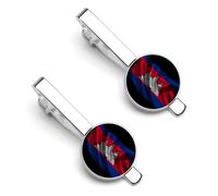 Fermacravatta con bandiera cambogiana strappata e rotta per uomo, fermacravatta rotondo e gemelli per accessori di abbigliamento di lusso, 2 pezzi-O7DS-1