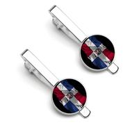 Fermacravatta con bandiera della Repubblica Dominicana strappata e rotta per uomo, fermacravatta rotondo e gemelli per accessori di abbigliamento di lusso, 2 pezzi-O7DS-1