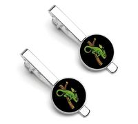 Fermacravatta da uomo con grazioso camaleonte su un ramo, classico, confezione da 2 pezzi, regalo per anniversario e lavoro, 5.5x2.2cm, PU