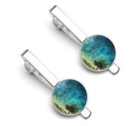 Fermacravatta da uomo con paesaggio ad acquerello con luna aurora boreale classica cravatta bar confezione da 2 clip di chiusura regali per anniversario di lavoro, 5.5x2.2cm, PU
