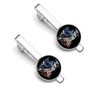 Fermacravatta da uomo divertente con ghiandaia azzurra e bandiera americana, colore argento, ideale per affari, anniversari e matrimoni (2 pezzi).
