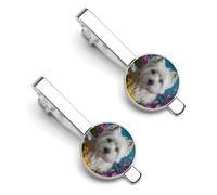 Fermacravatta divertente da uomo con West Highland Terrier tra i fiori, colore argento, ideale per affari, anniversari e matrimoni (2 pezzi).