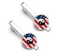 Fermacravatta rotondi con bandiera americana Yin Yang, armonia ed equilibrio, per uomo, set di 2 fermacravatta in argento, per matrimonio, anniversario, laurea, affari