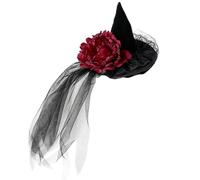 Fermaglio for capelli for cappello da strega in rete cadente di Halloween, mini a cilindro pieghevole in velluto, puntello for festa in costume con rosa 3D rosso scuro