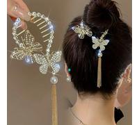 Fermaglio per capelli con design a farfalla con strass, perle finte e nappe per acconciature raccolte, chignon, code di cavallo, tiara boho, look da festa, accessori per capelli, accessori per la test