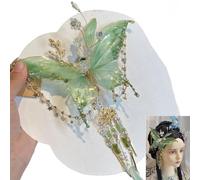 Fermaglio per capelli con nappe e lacrime di farfalla, artiglio 3D a forma di ala di fata, con nappe di seta con perline, comoda impugnatura antiscivolo, per acconciature eleganti (verde)