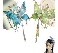 Fermaglio per capelli con nappe e lacrime di farfalla, grande fermaglio per capelli 3D a forma di ala di fata, con perline e ali mobili, accessori per acconciature carini (blu e verde)