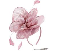 Fermaglio per capelli floreale tre in uno in tulle, con piume, da donna, spilla per matrimonio, decorazione floreale, copricapo per cocktail party, rosa pallido, cappello a forma di fiore, piuma