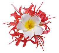 Fermaglio per capelli hawaiano, 14 cm, colore rosso chiaro, materiali misti, design floreale a strati con petali bianchi e centro giallo, adatto per tutte le occasioni