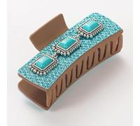 Fermaglio per capelli in pelle occidentale, con pietra blu turchese, grande clip per capelli da cowgirl, da donna