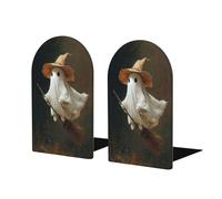 Fermalibri a forma di cappello da strega con fantasma che vola sulla scopa, per mensole, 2 pezzi, in legno, fermalibri per casa, ufficio e biblioteche