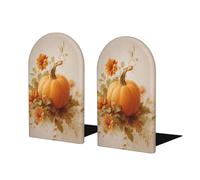 Fermalibri a forma di zucca con foglie autunnali e fiori arancioni, 2 pezzi, in legno, per biblioteche di casa e ufficio