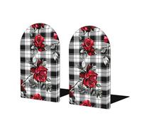 Fermalibri a quadretti con rosa, 1 paio di fermalibri in legno a quadri di bufalo per scaffali, resistente, con base antiscivolo, fermalibri per casa, ufficio, biblioteca