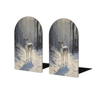 Fermalibri con cervo nella neve per mensole, 2 pezzi, in legno, fermalibri per casa, ufficio, biblioteche