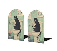 Fermalibri da bagno con gatto nero che legge giornale per mensole 2 pezzi fermalibri in legno per biblioteche per ufficio domestico