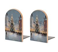 Fermalibri in legno a forma di albero di Natale, strade innevate, 2 pezzi, robusto, organizer da scrivania per casa, ufficio, biblioteche