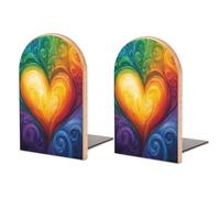 Fermalibri in legno a forma di cuore in stile astratto con vortice arcobaleno, 2 pezzi, robusto, organizer da scrivania per casa e ufficio