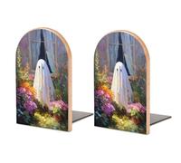 Fermalibri in legno a forma di fantasma nel giardino fiorito, 2 pezzi, robusto, organizer da scrivania per casa, ufficio, biblioteche