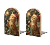 Fermalibri in legno a forma di gatto arancione con bacchetta magica, 2 pezzi, robusto, organizer da scrivania per casa e ufficio