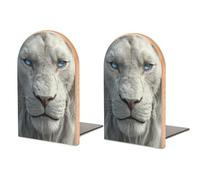 Fermalibri in legno a forma di leone bianco con occhi blu, 2 pezzi, robusto, organizer da scrivania per casa e ufficio