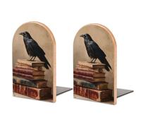 Fermalibri in legno a forma di uccello corvo nero su una pila di libri antichi, 2 pezzi, robusto supporto per libri, organizer da scrivania per casa, ufficio e biblioteche