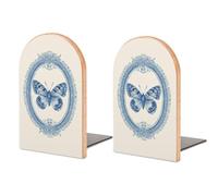 Fermalibri in legno anticato con farfalla blu vintage, 2 pezzi, organizer da scrivania per casa e ufficio