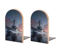 Fermalibri in legno con bandiera degli Stati Uniti e nave da guerra, antiscivolo, decorativo, per mensole, 1 paio