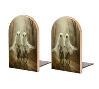 Fermalibri in legno con due fantasmi che cavalcano la bicicletta nebbiosa sentiero forestale 2 pezzi robusti reggilibri organizer da scrivania per casa ufficio biblioteche