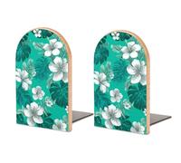 Fermalibri in legno con foglie tropicali e fiori bianchi, 2 pezzi, robusto supporto per libri, organizer da scrivania per casa, ufficio e biblioteche