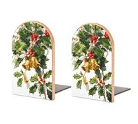 Fermalibri in legno con motivo natalizio con campane dorate e foglie di agrifoglio, 2 pezzi, robusti, organizer da scrivania per casa e ufficio