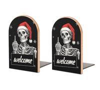 Fermalibri in legno con scheletro che indossa cappello di Babbo Natale, 2 pezzi, robusto supporto per libri, organizer da scrivania per casa, ufficio e biblioteche