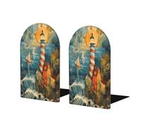Fermalibri in legno con stampa a forma di faro sul mare, base in metallo, fermalibri decorativo per casa e ufficio