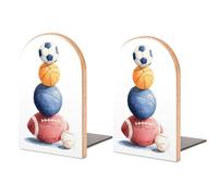 Fermalibri in legno impilati con palloni sportivi da calcio e basket, 2 pezzi, robusti supporti per libri, organizer da scrivania per casa, ufficio e biblioteche