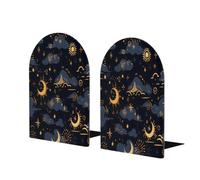 Fermalibri in legno per mensole, Dark Night Golden Starry Sky Element, luna e stelle, fermalibri decorativi in legno, antiscivolo, per casa e ufficio, 1 paio