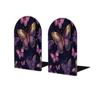 Fermalibri in legno per scaffali, farfalle viola, ali dorate, fermalibri decorativi in legno, antiscivolo, per casa e ufficio, 1 paio