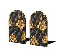 Fermalibri in pelle nera con fiori dorati e foglie, per mensole, 2 pezzi, fermalibri in legno, per casa, ufficio, biblioteche