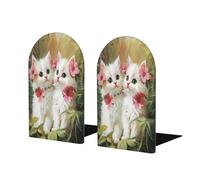 Fermalibri per mensole, con due gattini bianchi e fiori rossi, 2 pezzi, in legno, per casa, ufficio, biblioteche