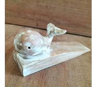 Fermaporta in legno intagliato a mano, design gattino, cuneo rustico in legno di Jemipini sostenibile, commercio equo e solidale di Bali (balena)