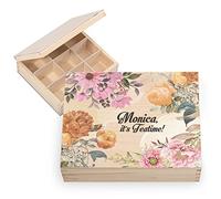 Ferocity Cofanetto personalizzato per il tè in legno con il tuo nome 20,5 x 23,5 cm scatola di stoccaggio per bustine di tè con 6 scomparti organizzatore di bustine di tè con stampa UV Teatime [160]