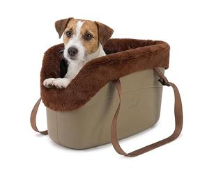 Ferplast Borsa per Cani Gatti fino a 8 Kg. Plastica Gommata Impermeabile e Lavabile, Imbottito con Caldo Peluche, Manici Regolabili, Cinghia di sicurezza, 43,5 x 21,5 x h 27 cm. Tortora
